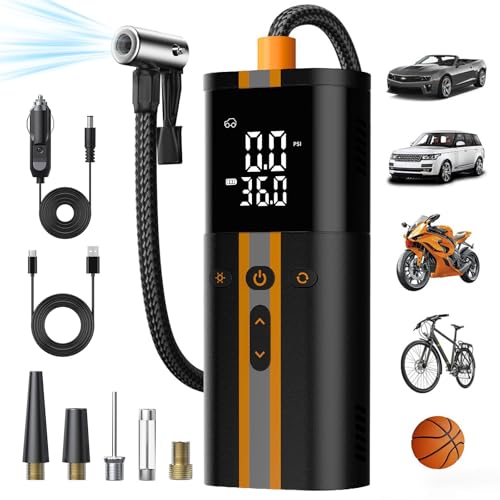 TowerTop Elektrische Fahrradpumpe 12V DC 150PSI Doppelstrom Luftpumpe Elektrisch 6000mAh Fahrradpumpe 5X schneller Aufpumpvorgang 4 voreingestellte Modi digitaler Manometer Speicherfunktion LED