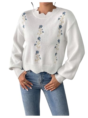 Verdusa Women's Floral Embroidery Crewneck Sweater Long Sleeve Scallop Trim Pullover Tops