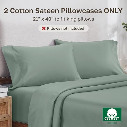 Image of California Design Den 800 Thread Count 2-Pack Pillowcase King Size | Soft & Thick 100% Cotton Sateen Backed by Good Housekeeping Seal, Classic Side Opening 4 inch Hem, Fits King Pillows - Sage Green