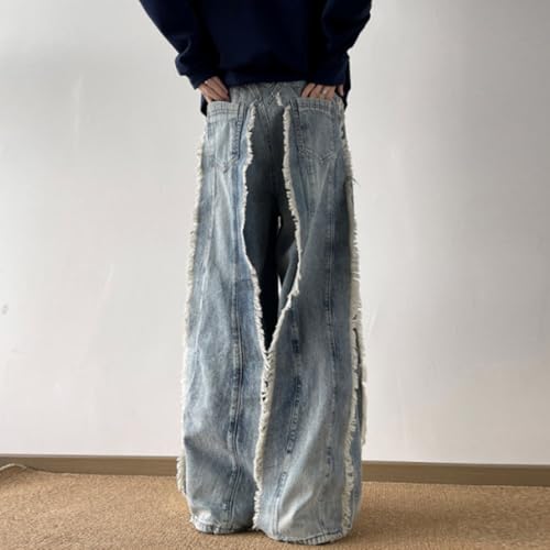 HZCX FASHION Mens Y2k Streetwear Baggy Hip Hop Jeans Wide Leg Skater Denim Pants Raw Tassel Trousers Ripped Palazzo Pants3