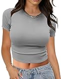 Womens Crop Top Crewneck Short Sleeve Summer Trendy T Shirt Casual Ribbed Basic Solid Slim Fit Baby Tee Grey