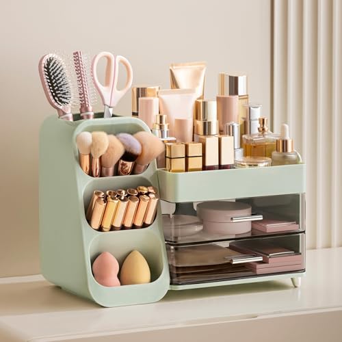 Image of HBlife Makeup Organizer with Brush Holder for Vanity, Large Plastic Bathroom Countertop Organizer Skin Care Storage, Easy to Store Lipsticks, Nail Polishes, Perfumes, Eyeshadow Palettes, Green