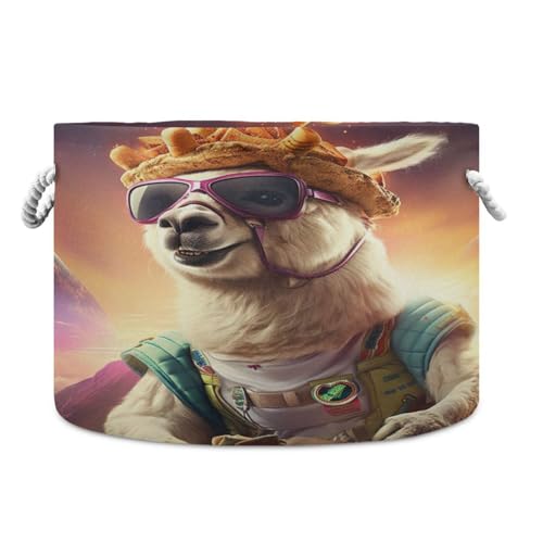 Round Space Llama Sunglasses Storage Basket Large Organizer Bin Laundry Hamper Toy Storage Basket with Handle for Nursery Clothes Toys 202b5163