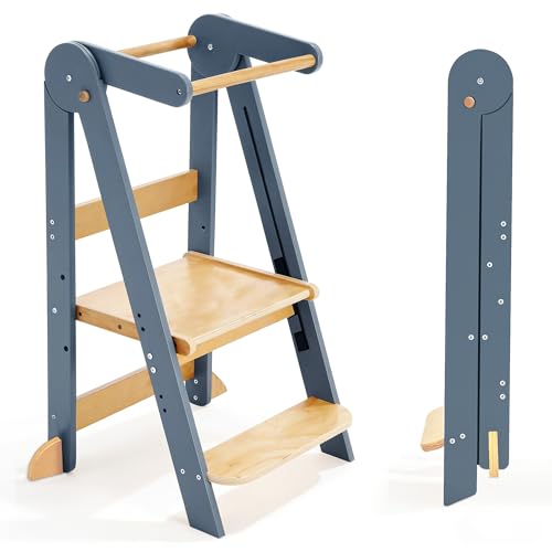 Image of Foldable Toddler Tower Preassembled Kitchen Stool, Folding Tower for Learning with 3 Adjustable Heights Montessori Toddler Standing Tower for Kids Collapsible Wooden Step Stool, Light Gray