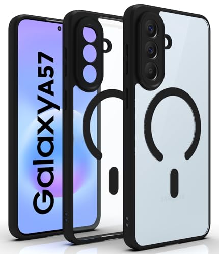 Image of RIGGEAR Shockproof Sleek Hybrid Armor Magnetic Back Cover Case Compatible with MagSafe Accessories for Samsung Galaxy A57 5G (Clear PC + Black TPU Bumper)