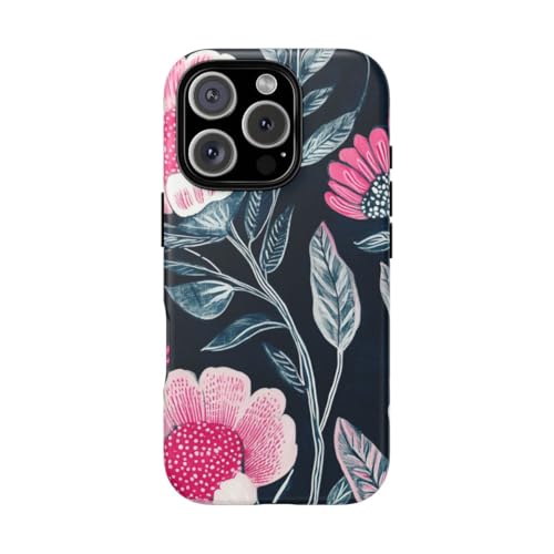 Coque iPhone 16 Pro rigide mate motif floral rose vif sur bleu foncé