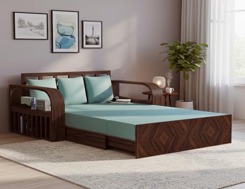 Image of APRODZ Diamond Solid Wood Sofa Cum Bed 3 Seater with Side Storage Velevt Fabric with Two Cushions Perfect Sofa Furniture for Home Living Office Room and Guests (Walnut Finish 75x69x30-Inch)