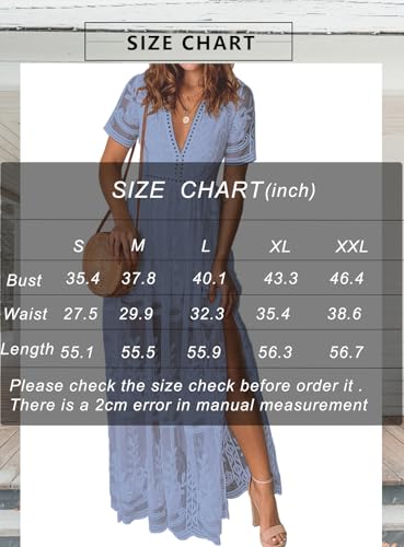 Image of Womens V Neck Floral Embroidered Lace Wedding Maxi Dress Boho Short Sleeve Slit Bridesmaid Evening Party Dresses Dusty Blue