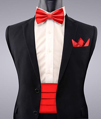 Image of Alizeal Mens Multicolored Silk Solid Cummerbund Bow Tie Set | with Cummerbund Pocket Square Pre-tied Adjustable for Mens Gift
