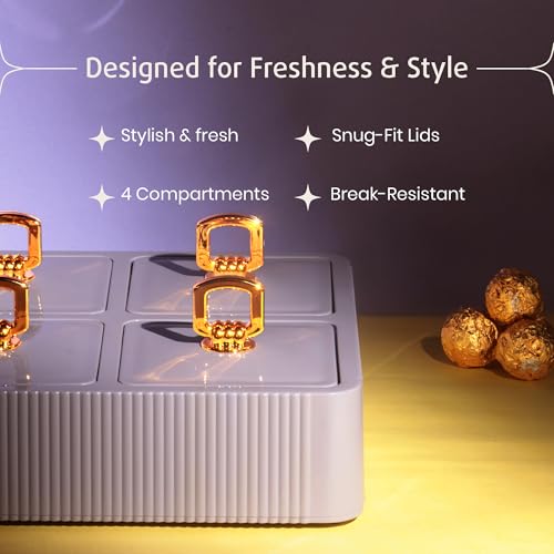 Image of Selvel Global Square Dryfruit Box with 4 Compartments | Airtight Multi-Purpose Storage Box with Tray & Lid | Ideal for Diwali Gifting | 500ml Each | BPA-Free (Lid Grey)