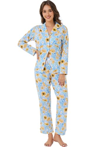 Image of LUBOT 100% Cotton Pajamas for Women Pajama Set Soft 2 Piece Sleepwear PJ Set Long Sleeve Knit Button Cozy Loungewear XS-XXL