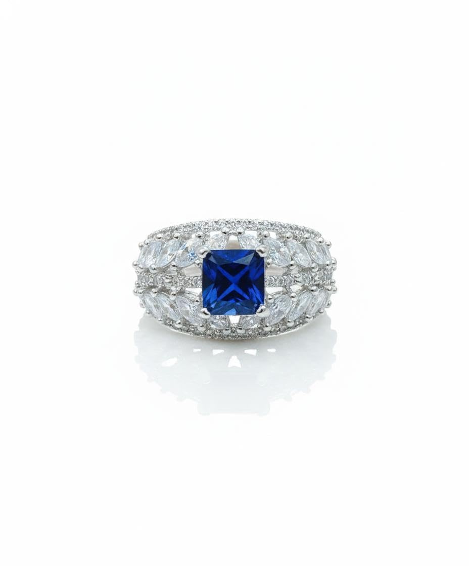 Silver Plated Blue Crystal Ring for Women | Adjustable Artificial Stone Finger Ring with Sparkling Cubic Zirconia | Jewellery for Gifts & Special Occasions-image-48