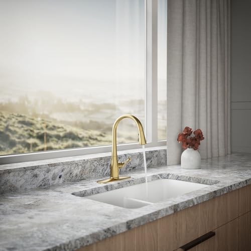 Image of Kohler 597-2MB Simplice Pull Down Kitchen Faucet, 3-Spray Faucet, Kitchen Sink Faucet with Pull Down Sprayer, Vibrant Brushed Moderne Brass