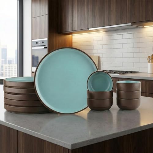 Image of BlackCarrot Ceramic Dinner Set, 12 Pcs, Brown Blue, Bone China Free