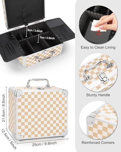 Image of Relavel Makeup Bag with LED Mirror, Makeup Box Travel Train Case with Lighted Mirror & Adjustable Dividers, Cosmetic Brush Organizer Storage for Makeup Artists Gifts for Women and Girls (Plaid, Small)