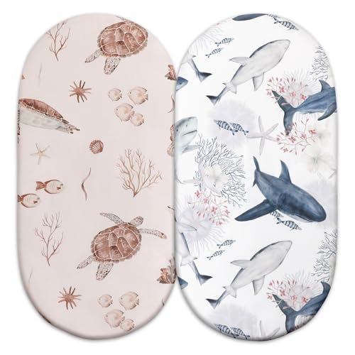 Image of Gllquen Baby Bassinet Sheets Set 2-Pack, Breathable Cozy Bassinet Fitted Sheet Universal Fit Standard Mattress Oval Rectangle Cradle Baby Sheets for Baby Boy Girls Unisex 32"x16" (Sea Turtle)