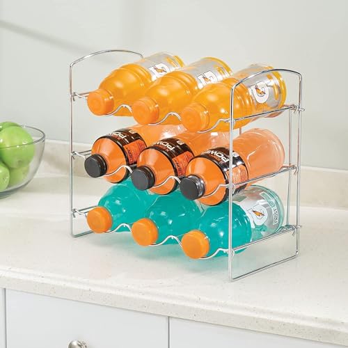 Image of Metal Water Bottle Rack Storage Organizer for Kitchen Countertops, Pantry, Fridge - Stores Wine, Beer, Pop /Soda - 3 Levels, Each Holds 9 Bottles, Free-Standing (Silver)