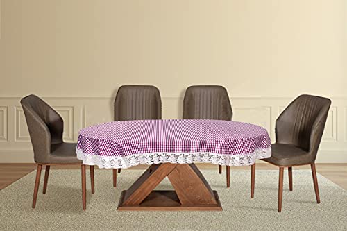 Image of The Furnishing Tree Waterproof PVC Oval Shaped 8 to 10 Seater Table Cover WxL 60x108 inches Pin Check Pattern Voilet with White Border lace