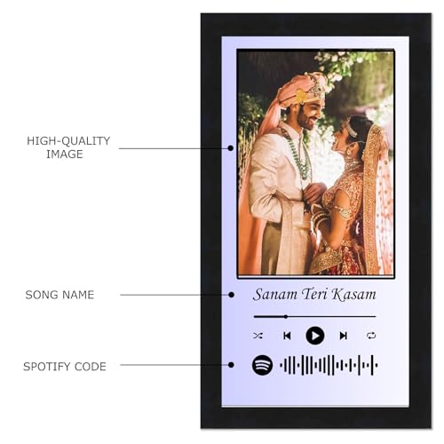 Image of Personalized Gift Musical Wall Rectangular Photo Frame - Customized Spotify Song With Scanable Barcode For Wedding And Couple Gifts - Size (6X12) Inch, Purple & White | 1 Piece Rectangle, Wood