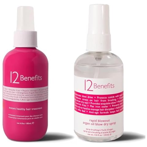 12 Benefits Instant Healthy Hair Treatment & Rapid Blowout Argan Oil Spray Set - Smooths Frizz, Strengthens, Repairs Damaged Hair, Nourishes, Adds Shine & Softens Damaged Hair Cover