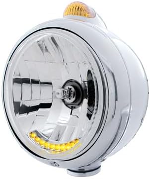 UNITED PACIFIC 32036 Guide Headlight, 682-C Style, RH/LH, 7", Round, Polished Housing, H4 Bulb, with 10 Amber LED Accent Light and Top Mount, Dual-Function 6 LED Light, Amber Lens