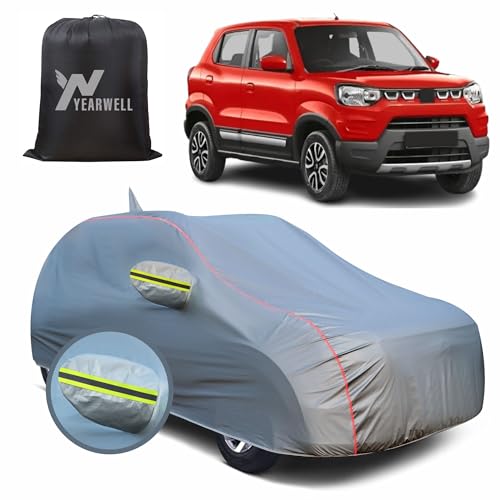 Image of Car Body Cover for Maruti Suzuki S presso, 100% Waterproof, Heat-Resistant with Mirror & Antenna Pockets, Soft Cotton Lining, Triple Stitched, Green Reflector (Metallic Grey)