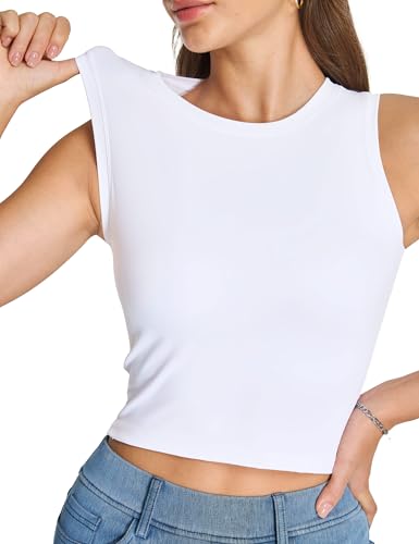 THE GYM PEOPLE Women's Workout Crop Tops Yoga Athletic Sleeveless Shirts White
