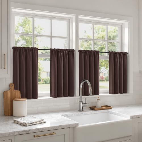 Image of MIULEE Short Blackout Curtains for Kitchen 36-Inch Length Dark Brown 4-Pack | Light Blocking, Cafe Curtains, Room Darkening Thermal Insulation, Privacy Protection, Half-Tier Curtains for Small Windows