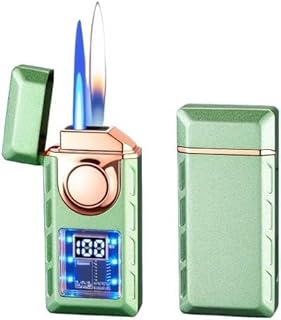 防風ダブルフレームライター、スマート メタル 音声起動ライター、透明エアウィンドウ、詰め替え可能なブタンガスライター、男性へのギフト (グリーン)