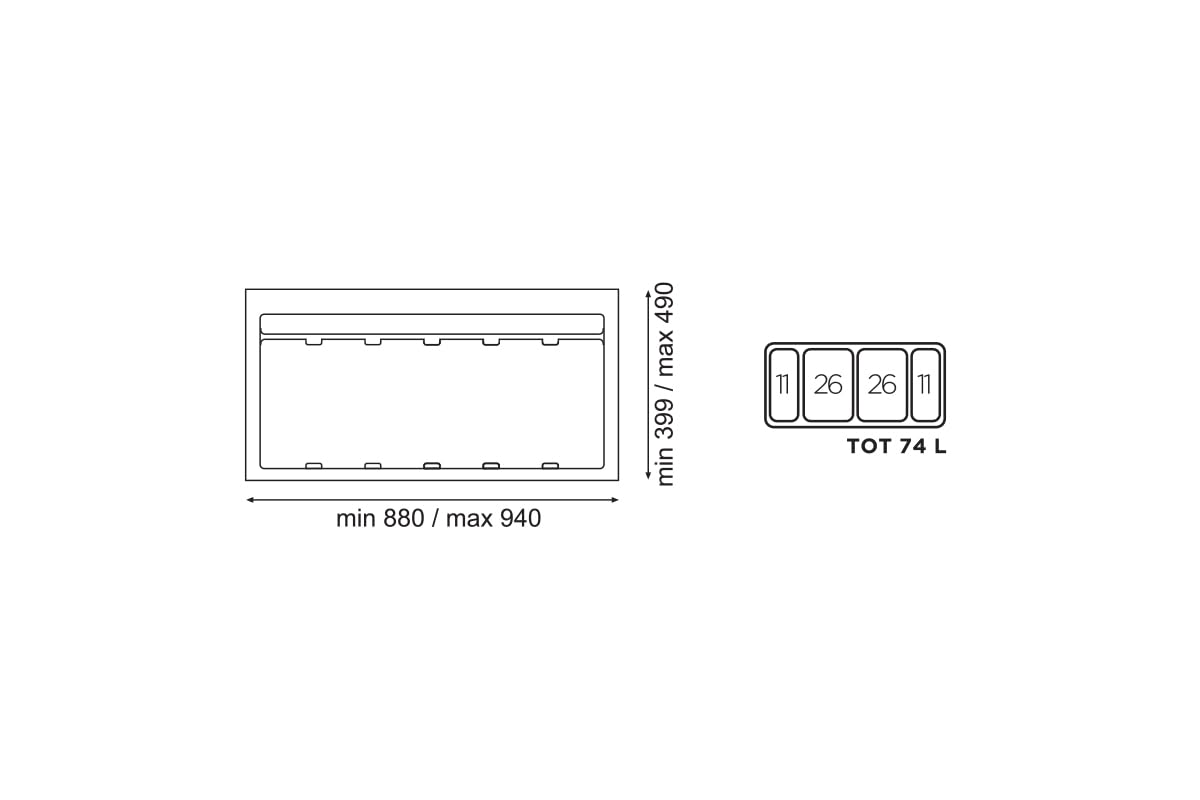 Mülltrennsystem 9 XL für 100 cm Schublade - Einbau-Mülleimer mit 4 Fächern (2x 11 L, 2x 26 L), Abfalleimer Küche Unterschrank, Einbaumülleimer Küche, Mülltonne, Abfall & Recycling, Anthrazit