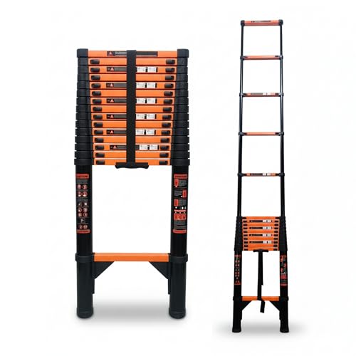 Image of BonKaso Telescopic Ladder 6.2m (20 Ft), 16 Steps | Heavy-Duty Foldable Alloy Steel Ladder with Anti-Slip Steps, 150kg Load Capacity, Rustproof, EN131 Certified | Matt Black & Orange