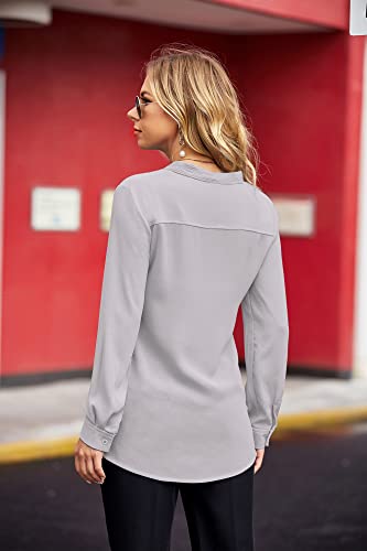 Acevog Womens Bow Tie Neck Long/Short Sleeve Casual Office Work Chiffon Blouse Shirts Tops A-Grey #TOP3