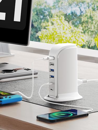USB Charger, Charging Station for Multiple Devices 45W, Fast Charging Blocks with Dual Type C Ports, 4 USB Charging Hub Organizer Multiport for iPhone, Ipad, Smartphones, Travel Accessories