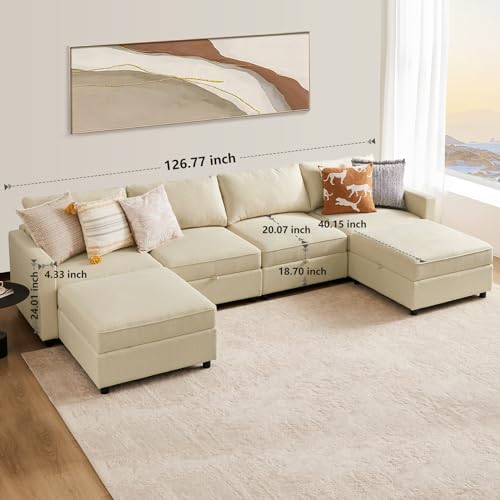 Sweetcrispy U-Shaped Beige Modular Sleeper Sofa with Storage