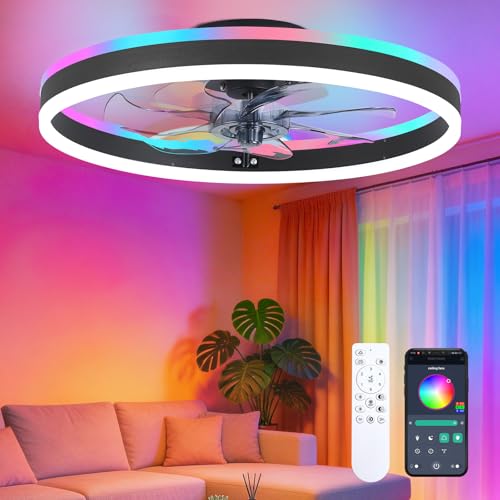 Image of 20 inch RGB Ceiling Fans with Lights and Remote /APP, Dimmable 3000-6500K LED Low Profile Ceiling Fan with Light, Modern Fandelier Flush Mount Ceiling Fan Light for Living Room, Bedroom and Kitchen