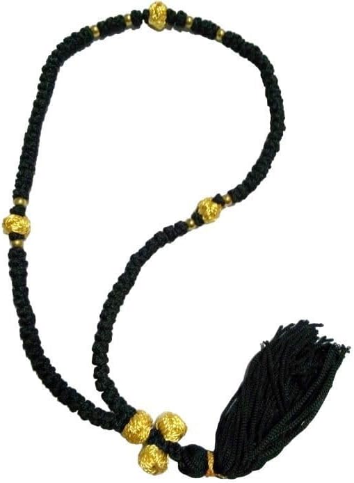 Iconsgr Handmade Blessed Christian Orthodox Russian Komboskoini Prayer Rope 100 Knots Black/gold