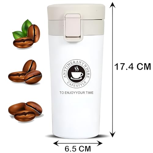 Image of Zentro Travel Coffee Mug Leak Proof -380 ML One Click Lid Stainless Steel Coffee Cup for Car, Office & Daily Commute with Secure Lock & Easy Clean Design (White)