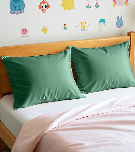 Image of Deep Dream 100% Cotton Toddler Pillowcases Set of 2, 13x18 Inches Fits Baby Pillow Sized 12x16, 13x18, 600 Thread Count Cotton Small Travel Kids Pillow Case with Envelope Closure, Forest Green