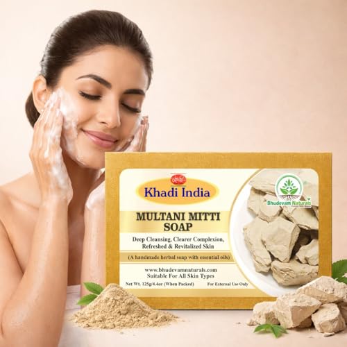 Image of Khadi Organic and Natural Multani Mitti Soap for Oily & Acne-Prone Skin | Deep Cleansing Herbal Bathing Bar with Fuller's Earth | Radiant Skin & Glowing Skin By Bhudevam Naturals | Suitable for All Skin Types - Pack of 2