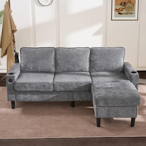 Lubvtti Sofá acolchado con puertos USB y Type-C, sofá de 3 plazas con dos portavasos, sofá de esquina en L, para salón, apartamento, sala de estar y dormitorio, lino (gris)