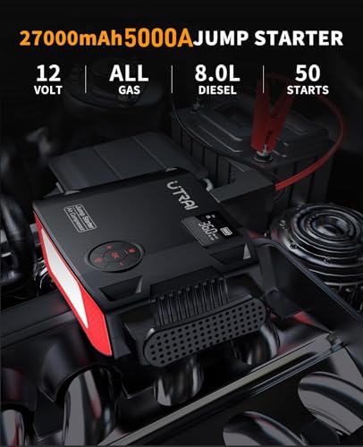 Image of Car Jump Starter with Air Compressor, UTRAI Portable Car Battery Jump Starter 5000A Peak 12V Car Battery up to Jump Box All Gas / 8.0L Diesel with Tire Inflator, DC 160W Jump Start Battery Pack
