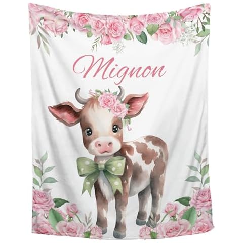 Personalized Custom Baby Pink Cow Blanket Custom Baby Pink Cow for Lovers Girl Boy Gift Soft Fuzzy Cozy Throw Custom Blanket with Name Plush Lightweight Flannel for Bedroom Sofa 40"x50" for Kids Cover
