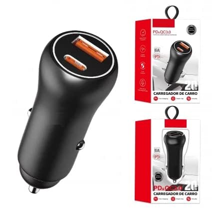 Carregador Fonte Tomada Veicular Power Carregador Rápido 2 Portas USB 3.0 + Tipo C PD Duo 18W 20W Ca