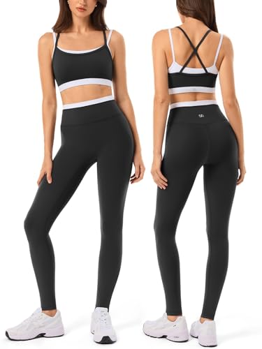 Women Workout Sets Cross Back Strappy Sports Bra High Waist Seamless Yoga Leggings 2 Piece Outfits for Gym,Lounge Wear