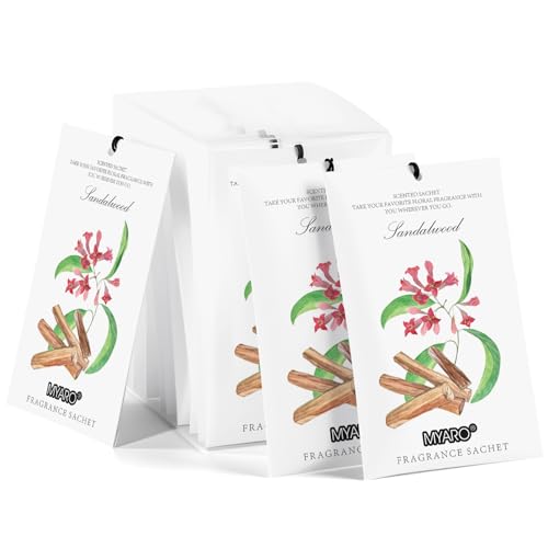 Image of MYARO 12 Pack Sandalwood Scented Sachets for Drawer, Closet & Small Spaces Air Freshener Bags, Odor Eliminator for Clothes, Car, Wardrobe, Home Fragrance Gift Set