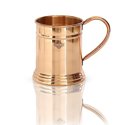 Image of INDIAN ART VILLA Pure Copper Tankard Shaped Mirror Line Design Moscow Mule Beer Mug Cup, Best for Beer Cocktail Parties, Barware, Volume-600ML, Set of 2