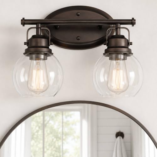 Audickic 2-Light Oil Rubbed Bronze Bathroom Vanity Light, Clear Glass Globe
