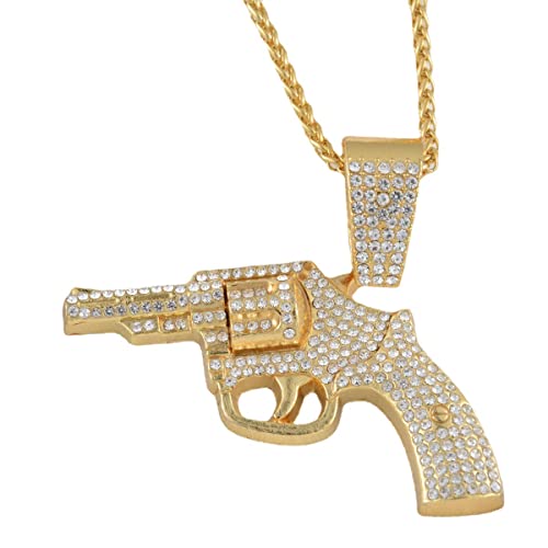 TYMONT Collier Pendentif Pistolet Hip Hop Plein Diamant Pour Homme Collier Pendentif Pistolet Plaqué Or 18 Carats Collier À Breloques Revolver,D'or,60cm
