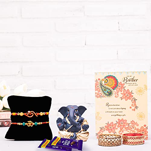 ARCHIES Rakhi for Brother Rakshabandhan Combo of 1 Almighty Ganesha Idol, 2 Auspicious Om Rakhis and 2 Dairy Milk Chocolates 13.2gm With 1 Roli & Chawal Set-10gm & Greeting Card (Pack of 7)