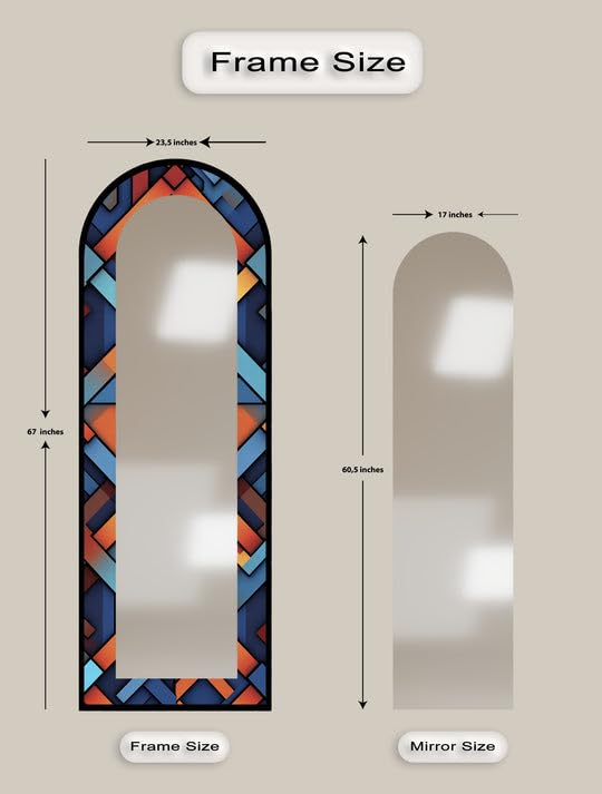 Specchio da pavimento con motivo geometrico, lunghezza intera, 50,8 cm di larghezza x 160 cm di altezza, specchio da pavimento ad arco con cornice nera e cornice dorata